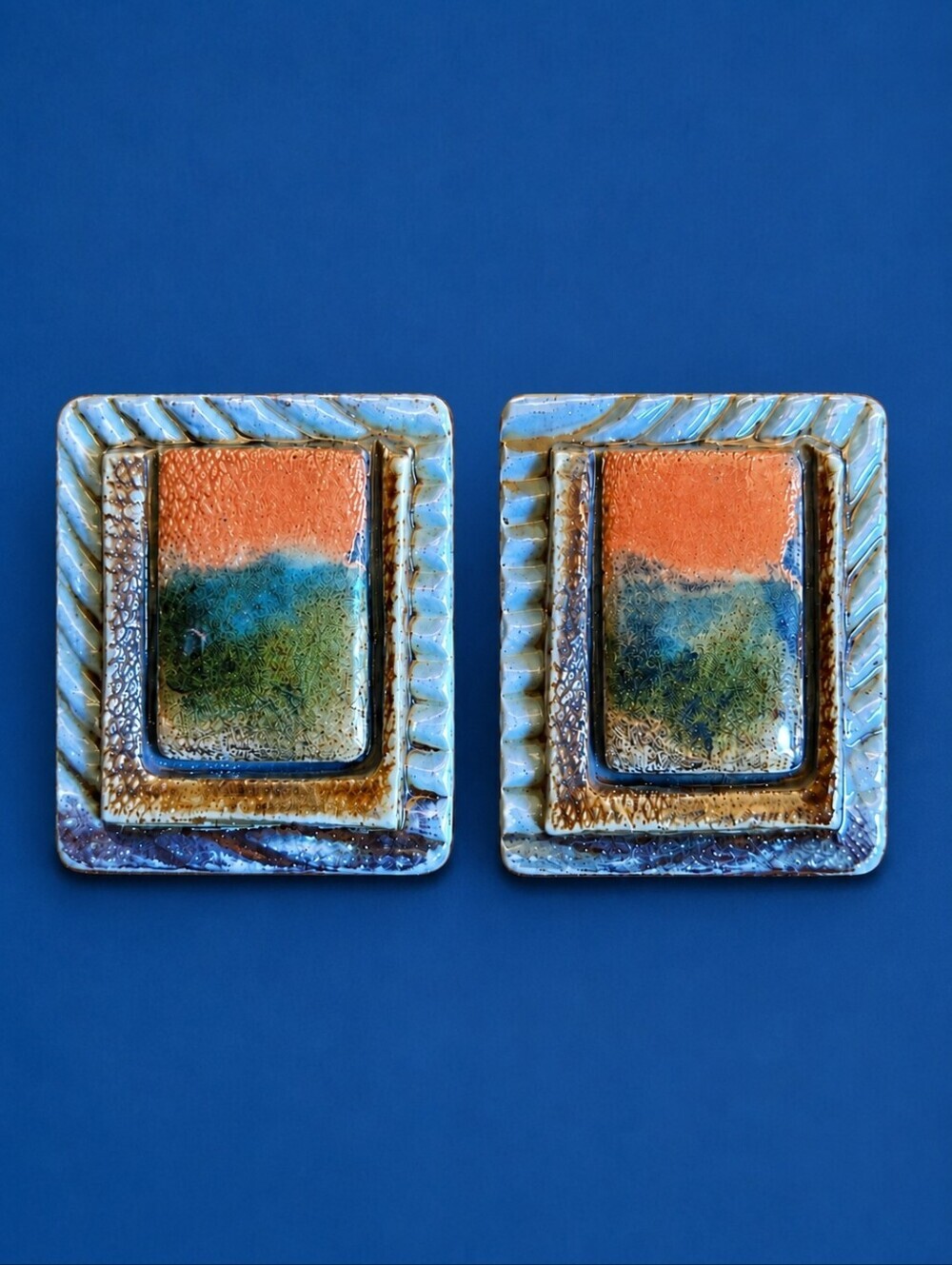 Artisan Ceramic Square Orange and Green Statement Earrings